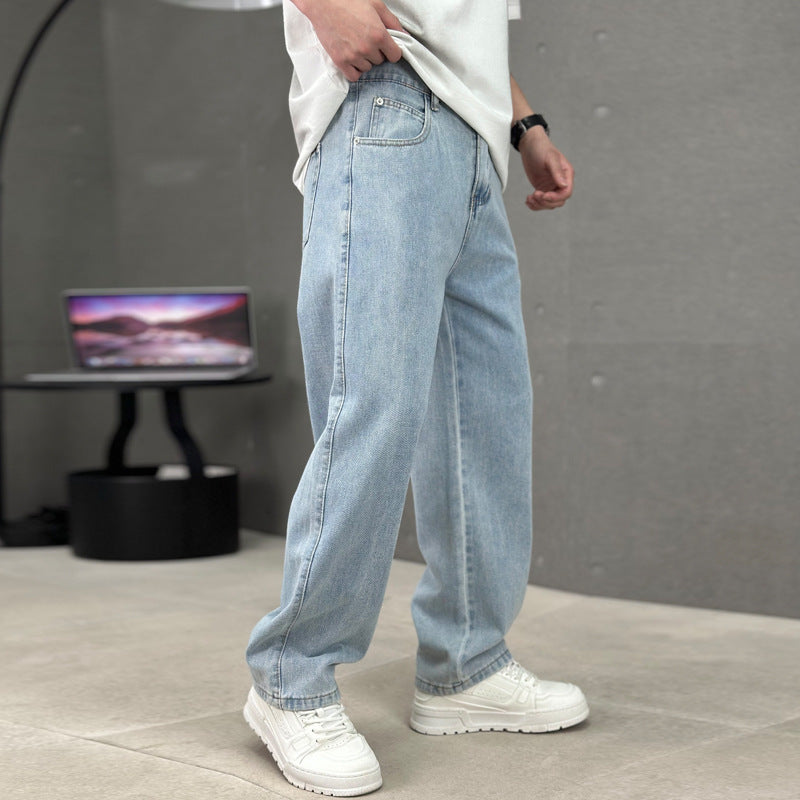 Fashion Pockets Jeans Men's Wide-leg Straight Trousers Versatile Casual Long Pants Streetwear Clothing